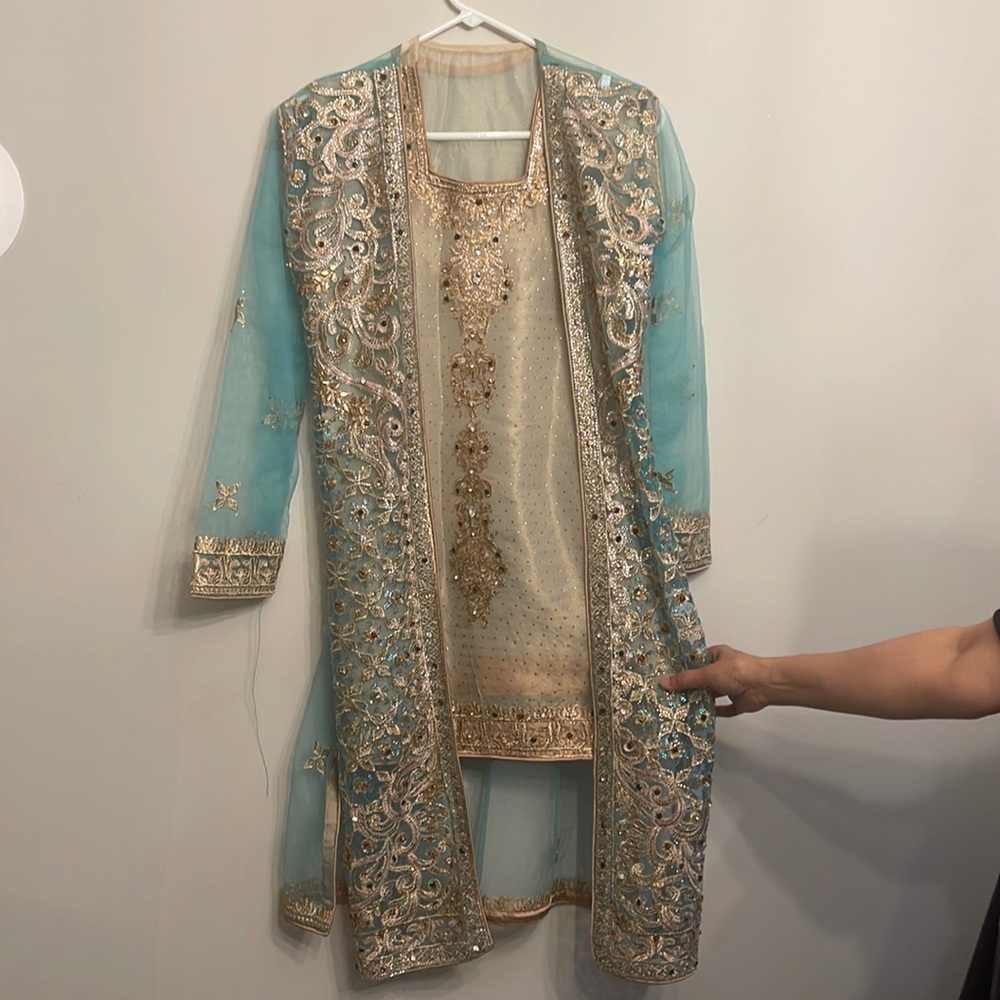 Embroidered Golden Shirt with Blue Gown